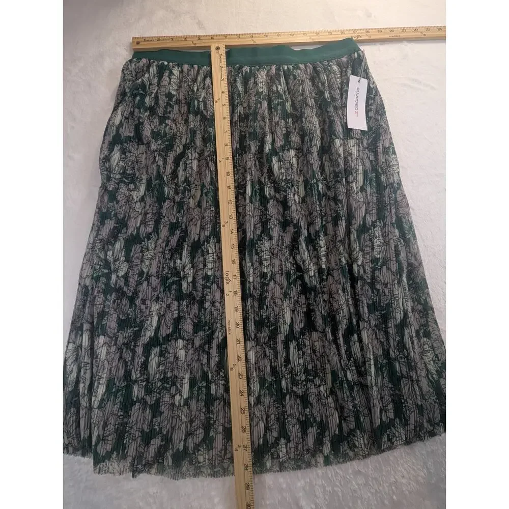 Liz Claiborne Women's Size Large Medieval Green Floral Pleated Mesh Skirt NWT